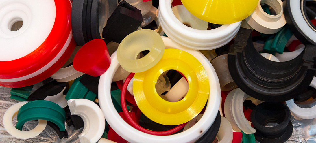 Selection of coloured Polyurethane seals including O-rings in different sizes.